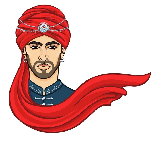 Portrét mladého přitažlivého arabského muže v turbanu. Vektorová ilustrace izolovaná na bílém pozadí. — Stockový vektor