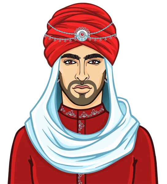 Retrato do jovem homem árabe atraente em um turbante. A ilustração vetorial isolada sobre um fundo branco . —  Vetores de Stock