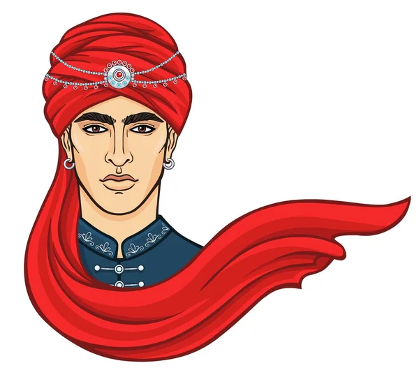 Portret van de jonge aantrekkelijke Arabische man in een tulband. De vector illustratie geïsoleerd op een witte achtergrond. — Stockvector