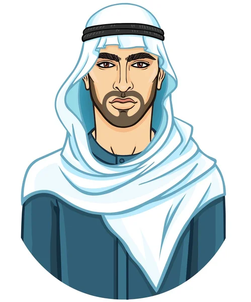 Potret pemuda Arab muda yang menarik dalam sebuah keffiyeh. ilustrasi vektor diisolasi pada latar belakang putih . - Stok Vektor