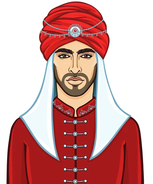 Portrait of the attractive Arab man in a turban. The vector illustration isolated on a white background. — Stock Vector