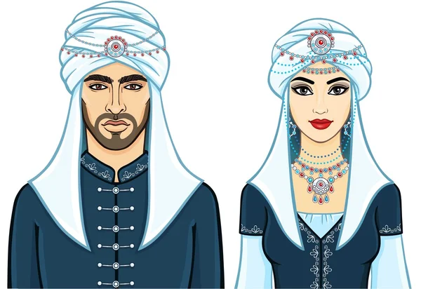 Portrét animace Arabská rodina v pradávných šatech. Vektorová ilustrace izolovaná na bílém pozadí. — Stockový vektor