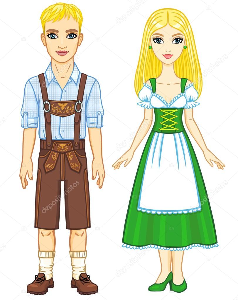 Animation portrait of the Bavarian family ancient traditional clothes. Full growth. The vector illustration isolated on a white background.