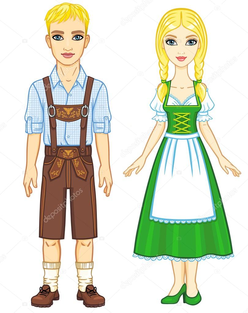 Animation portrait of the Bavarian family ancient traditional clothes. Full growth. The vector illustration isolated on a white background.