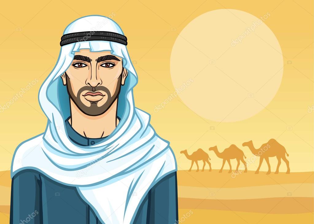 Animation portrait of the Arab man in a keffiyeh. Background - the desert, a caravan of camels. Vector illustration.