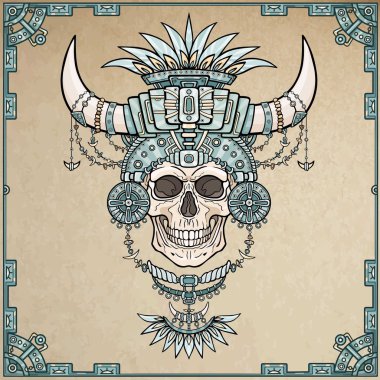 Şaman'ın anne, hayvan boynuzları olan sihirli giysiler içinde insan kafatası. Boho tasarım, Hint motifleri. Arka plan - eski kağıt, dekoratif çerçeve imitasyon. Vektör çizim.