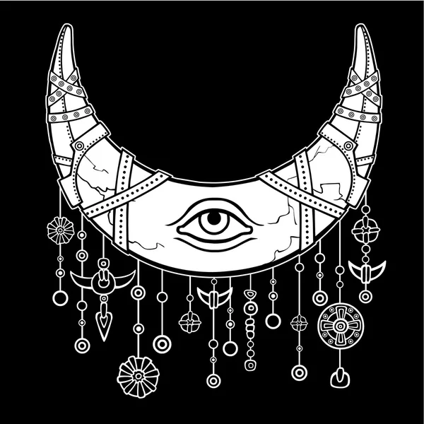 Magic horn en halvmåne, månen i rustning. Eye of Providence. Indiska motiv, Boho design. Den vita ritningen isolerad på en svart bakgrund. Vektor illustration. Tryck, affischer, t-shirt, textilier. — Stock vektor