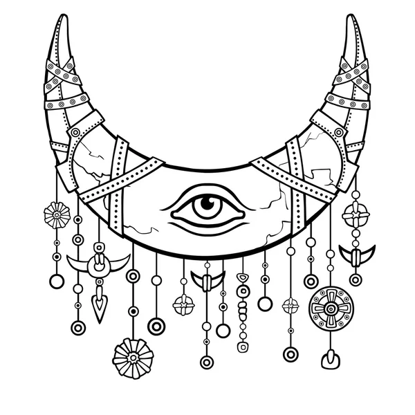 Chifre mágico um crescente, lua na armadura. Olho da Providência. Motivos indianos, design Boho. O desenho linear isolado em um fundo branco. Ilustração vetorial, ser usado para colorir livro . — Vetor de Stock