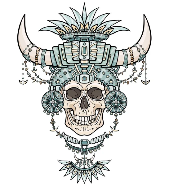 De shaman's mummie, menselijke schedel in magische kleren met dierlijke hoorns. Boho ontwerp, Indiase motieven. De kleur tekening geïsoleerd op een witte achtergrond. Vectorillustratie. — Stockvector