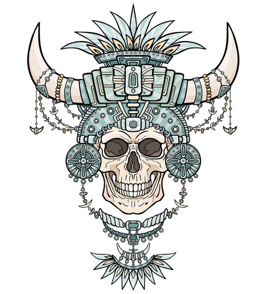 Мумия шамана, человеческий череп в волшебной одежде с животными рогами. Дизайн Бохо, индийские мотивы. Цветной рисунок выделен на белом фоне. Векторная иллюстрация
.
