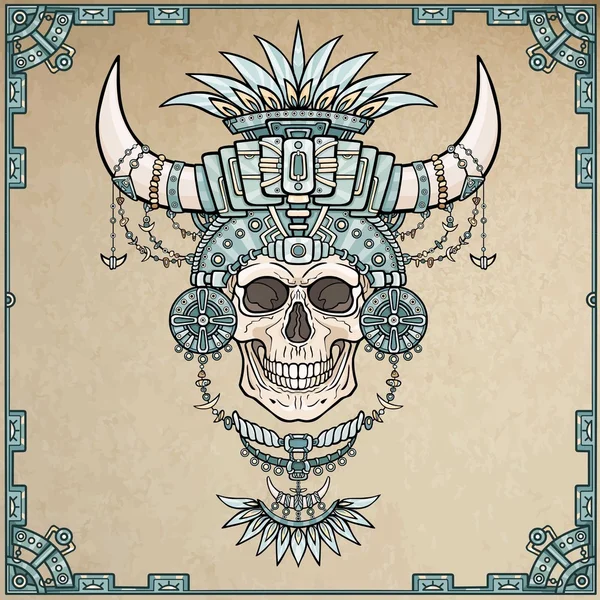 De shaman's mummie, menselijke schedel in magische kleren met dierlijke hoorns. Boho ontwerp, Indiase motieven. Achtergrond - imitatie van oud papier, een decoratief frame. Vectorillustratie. — Stockvector