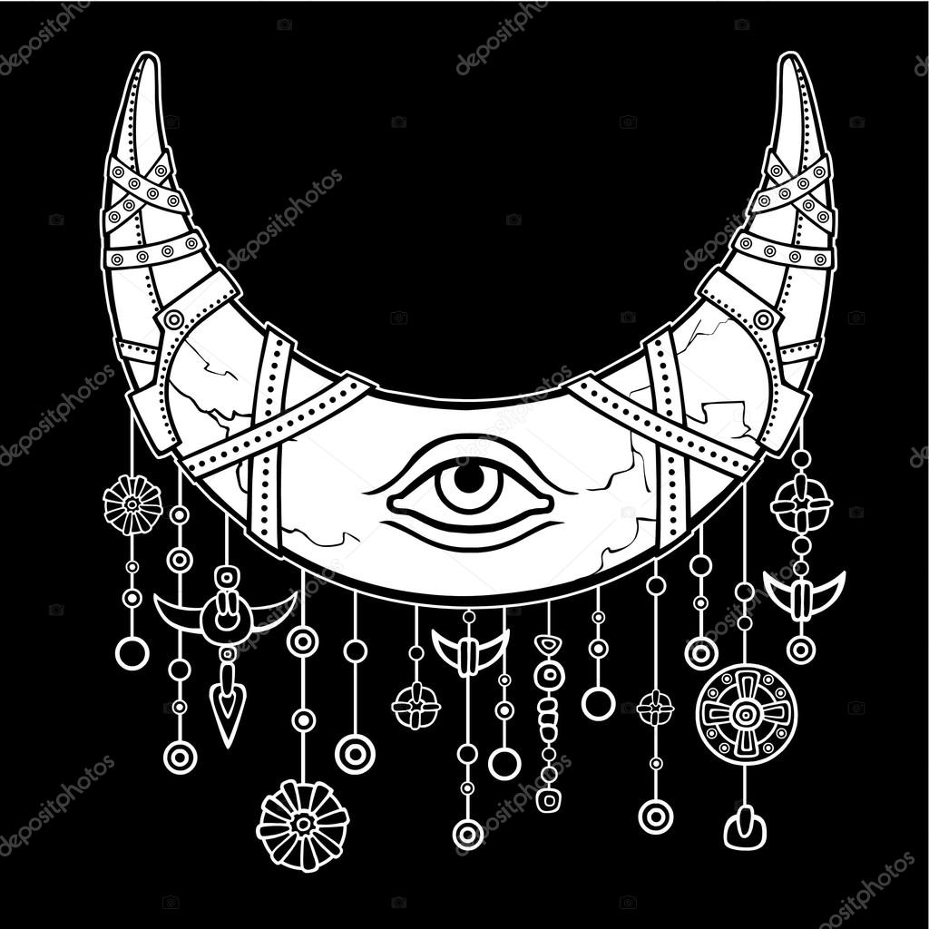 Magic horn a crescent, moon in armor. Eye of Providence. Indian motives, Boho design. The white drawing isolated on a black background. Vector illustration. Print, posters, t-shirt, textiles.