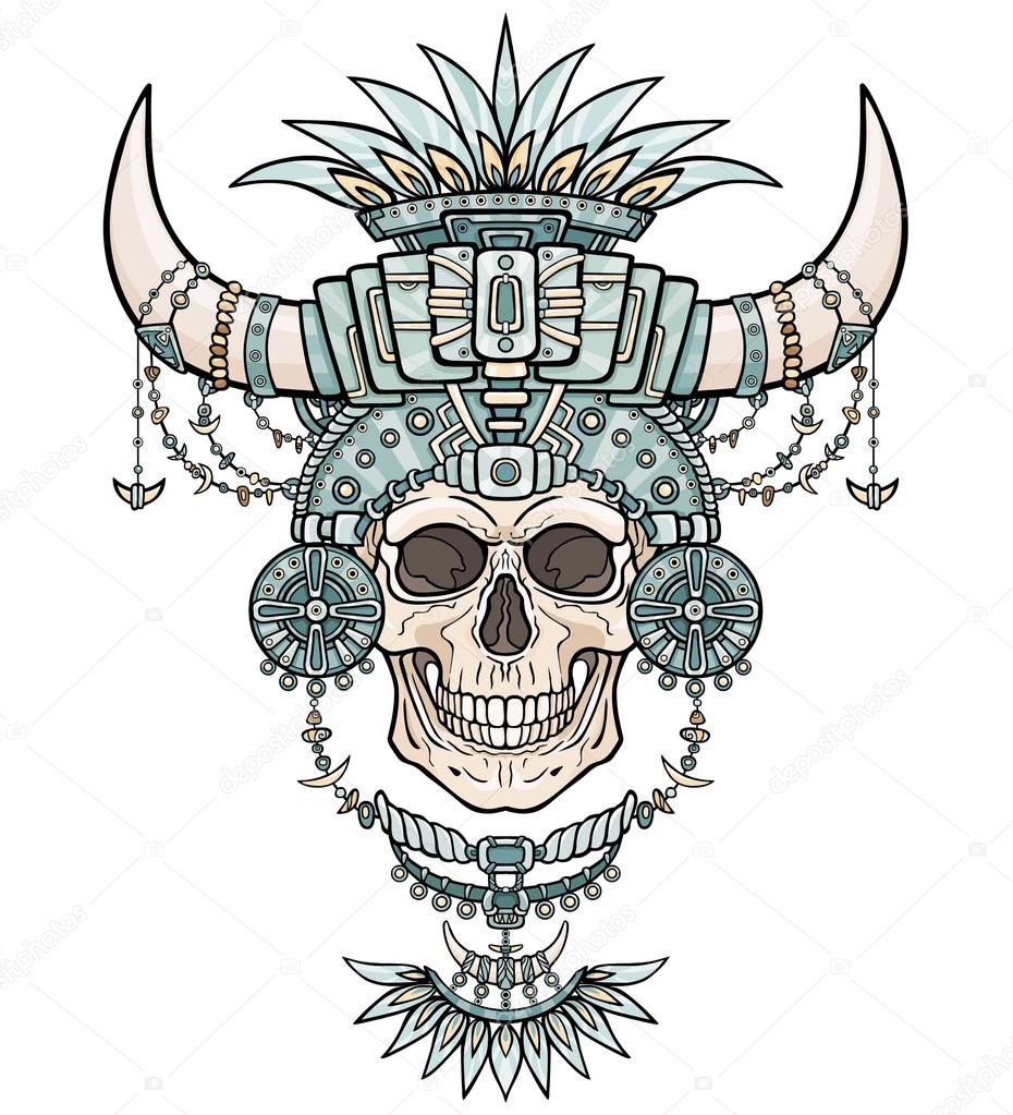 Mummia dello sciamano cranio umano in vestiti magici con corna di animali Pro tazione di Boho motivi indiani Il disegno di colore isolato su sfondo