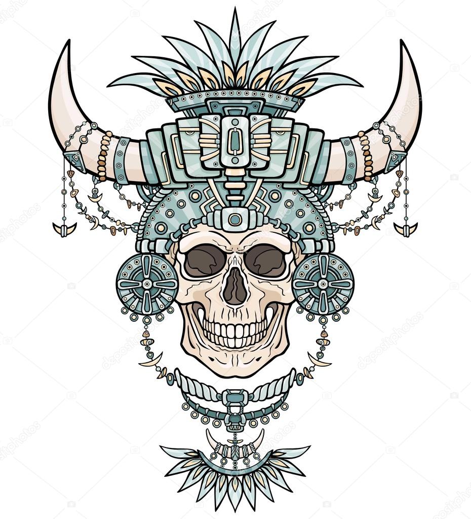 The shaman's mummy, human skull in magic clothes with animal horns. Boho design, Indian motives. The color drawing isolated on a white background. Vector illustration.