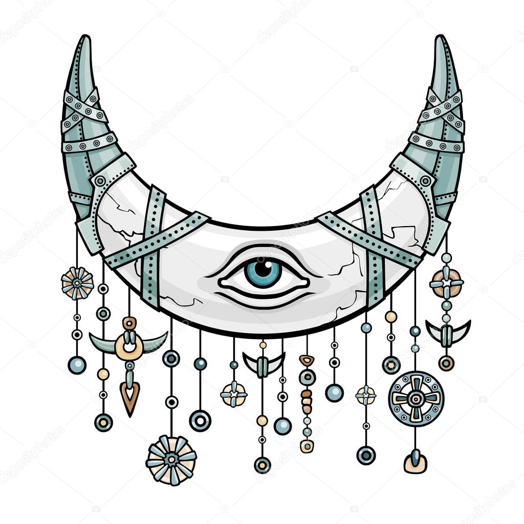 Magic horn a crescent, moon in metal armor. Eye of Providence. Indian motives, Boho design. Color drawing isolated on a white background. Vector illustration. Print, posters, t-shirt, textiles.