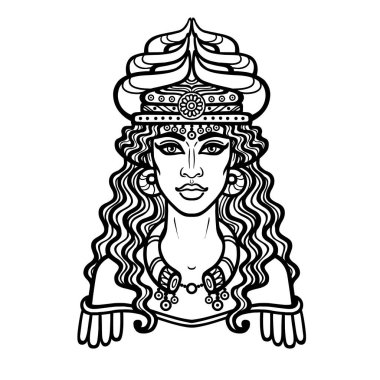 Cartoon drawing: a beautiful woman in a horned crown, a character in Assyrian mythology. Ishtar, Astarta, Inanna. Vector illustration isolated on a white background. clipart