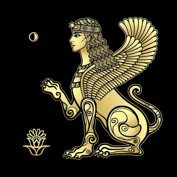Animation Ritning Sfinxkvinna Med Lejonkropp Och Vingar Karaktär Assyrisk Mytologi — Stock vektor