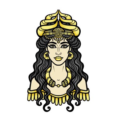Çizgi film: Boynuzlu taç giymiş güzel bir kadın, Suriye mitolojisinde bir karakter. İştar, Astarta, Inanna. Beyaz arkaplanda izole edilmiş vektör illüstrasyonu.