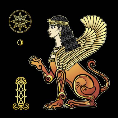 Animasyon çizimi: Aslan vücudu ve kanatları olan sfenks kadın, Asur mitolojisinde bir karakter. İştar, Astarta, Inanna. Eski semboller: yıldız, ay. Siyah arkaplanda izole edilmiş vektör illüstrasyonu.