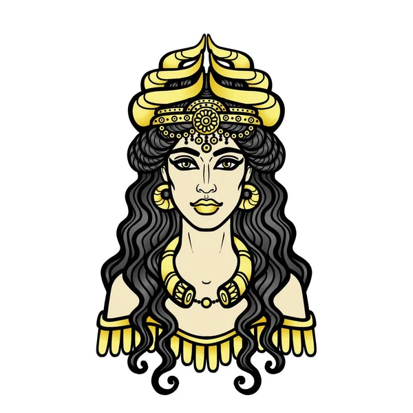 Cartoon Drawing Beautiful Woman Horned Crown Character Assyrian Mythology Ishtar — Stock Vector
