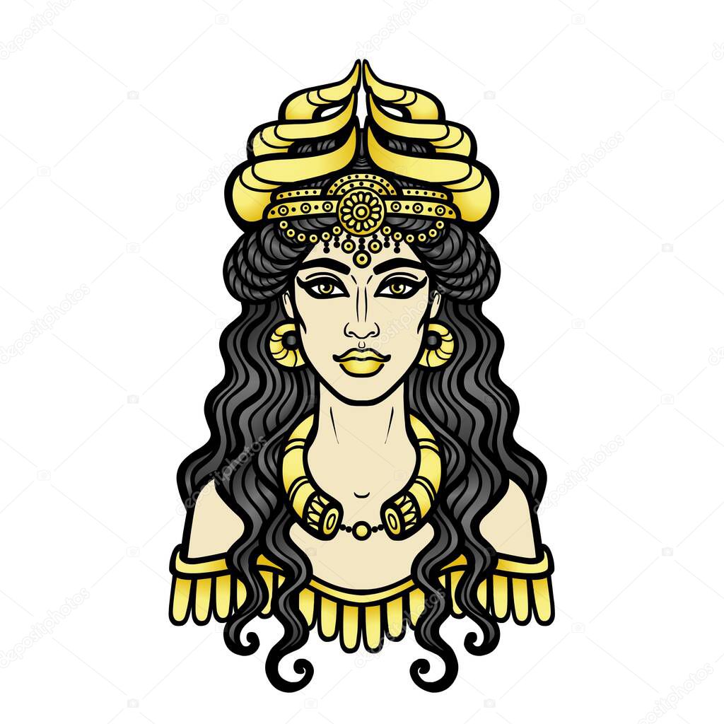 Cartoon drawing: beautiful woman in a horned crown, a character in Assyrian mythology. Ishtar, Astarta, Inanna. Vector illustration isolated on a white background.