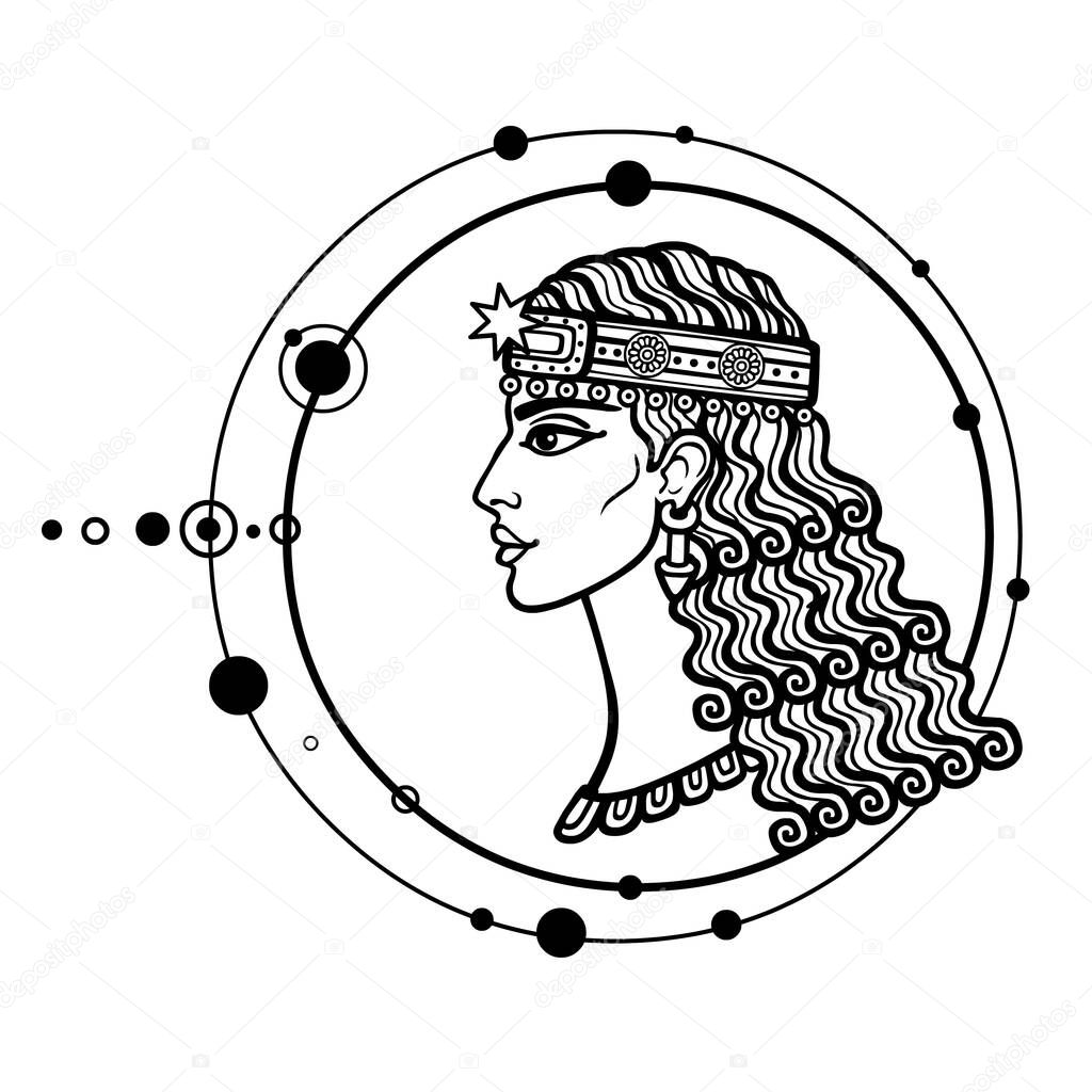 Cartoon drawing: beautiful woman, character in Assyrian mythology. Ishtar, Astarta, Inanna. Profile view. Orbits of planets, space symbols. Vector illustration isolated on a white background.