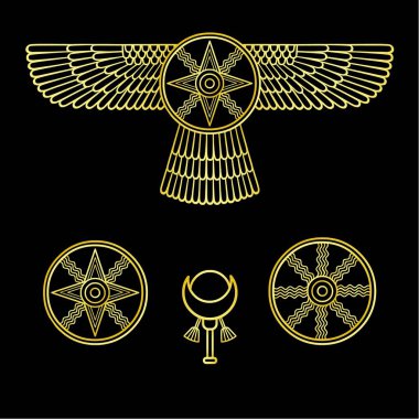 Karikatür çizimi: antik Sümer sembolleri. Kanatlı yıldız. Marduk, Şamaş, İştar. Vektör illüstrasyonu siyah arkaplanda izole edildi. Altının taklidi.