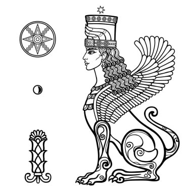 Animasyon çizimi: Aslan vücudu ve kanatları olan sfenks kadın, Asur mitolojisinde bir karakter. İştar, Astarta, Inanna. Sümer sembolleri. Beyaz arkaplanda izole edilmiş vektör illüstrasyonu.
