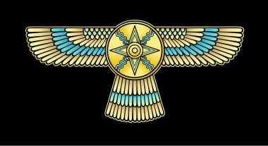 Animation color drawing: winged divine star. Symbol in Assyrian mythology.  Vector illustration isolated on a black background.  clipart