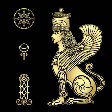 Animasyon çizimi: Aslan vücudu ve kanatları olan sfenks kadın, Asur mitolojisindeki karakter. İştar, Astarta, Inanna. Sümer sembolleri. Siyah arkaplanda izole edilmiş vektör altın çizimi.