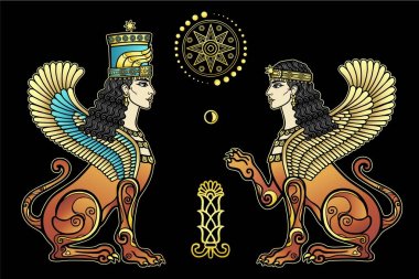 Animation color drawing: magical winged lioness. Ishtar, Astarta, Inanna. Character in Assyrian mythology. Sacred star. Vector illustration isolated on a black background.  clipart