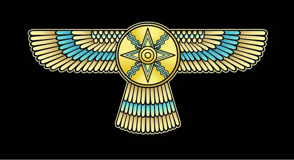 动画彩绘 带翅膀的神星 亚述人神话中的符号 在黑色背景上孤立的向量图 — 图库矢量图片