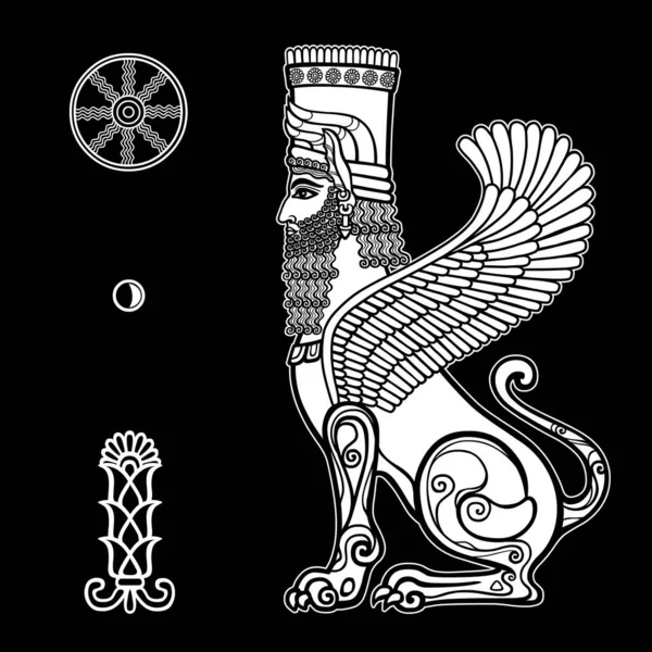 애니메이션 사자의 날개를 시리아 신화의 등장인물 수메르의 상징이지 배경에서 — 스톡 벡터