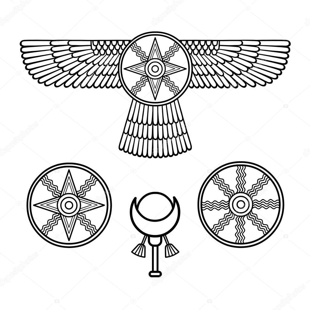 Cartoon drawing: ancient Sumerian symbols. Winged star. Marduk, Shamash, Ishtar. Vector illustration isolated on a white background.