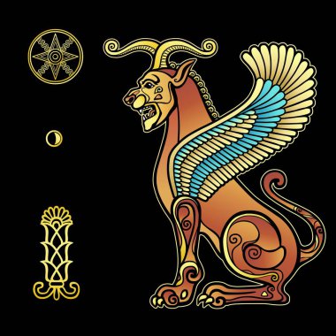 Animasyon çizimi: Sfenks boynuzlu aslanı kanatlı, Asur mitolojisindeki karakter. Sümer sembolleri. Siyah arkaplanda izole edilmiş vektör illüstrasyonu.