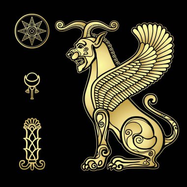 Animasyon çizimi: Sfenks boynuzlu aslanı kanatlı, Asur mitolojisindeki karakter. Sümer sembolleri. Altının taklidi. Siyah arkaplanda izole edilmiş vektör illüstrasyonu. 