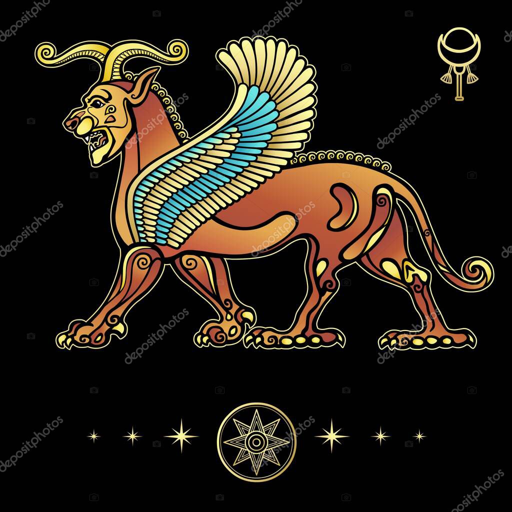 Animation drawing: sphinx horned lion with wings, character in Assyrian mythology.  Sumerian symbols. Vector illustration isolated on a black background.