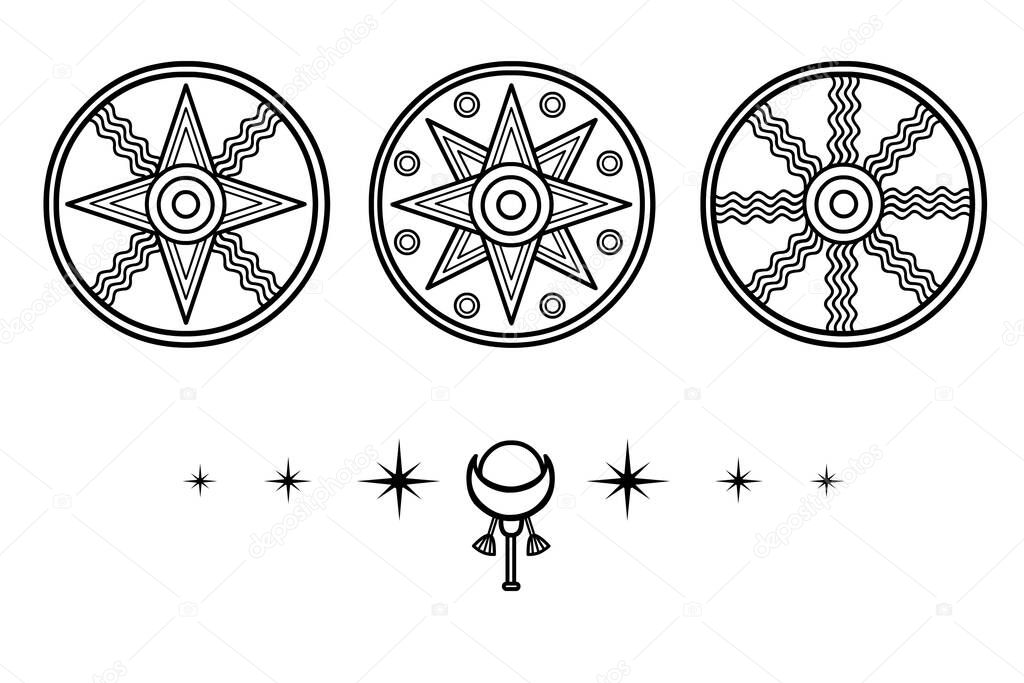 Cartoon drawing: ancient Sumerian symbols.  Marduk, Shamash, Ishtar. Vector illustration isolated on a white background.
