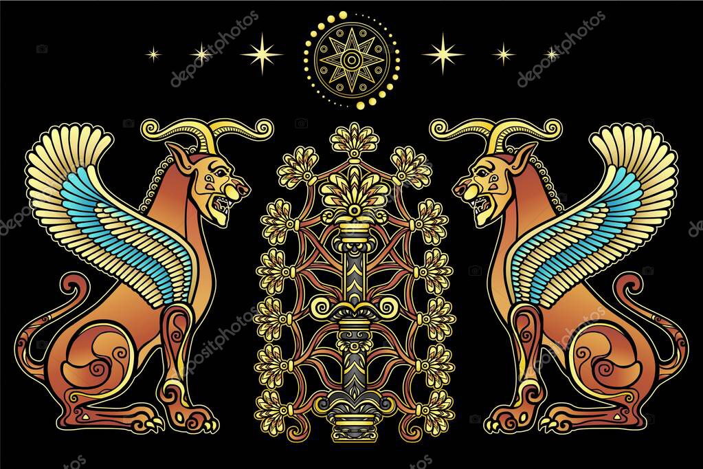 Animation color drawing: sphinx  horned lions guard the fertility tree, star Sirius, character in Assyrian mythology. Vector white illustration isolated on a black background.