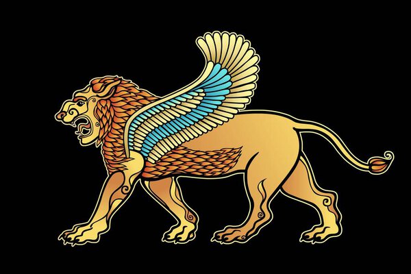 Cartoon color drawing:  growling winged lion, a character in Assyrian mythology.   Vector illustration isolated on a black background.