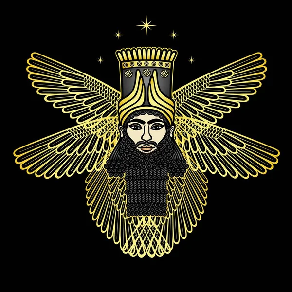 Карикатурный Рисунок Бородатый Мужчина Роговой Короне Шестью Крыльями Персонаж Ассирийской — стоковый вектор