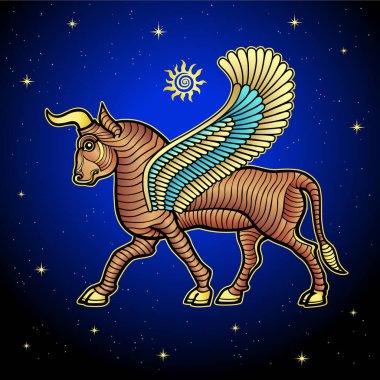 Çizgi film renkli çizim: Kanatlı boğa. Sümer mitolojisinin bir karakteri. Arkaplan - gece yıldızları gökyüzü. Vektör illüstrasyonu
