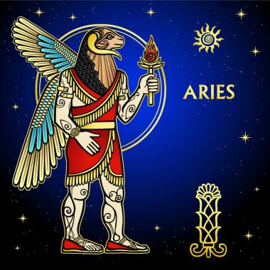 Çizgi film renkli illüstrasyon: Sümer mitolojisinin bir karakteri. Tam gelişim. Arkaplan - gece yıldızları gökyüzü. Vektör illüstrasyonu