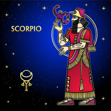 Çizgi film renkli illüstrasyon: Zodiac işareti Scorpio. Sümer mitolojisinin bir karakteri. Tam gelişim. Arkaplan - gece yıldızları gökyüzü. Vektör illüstrasyonu