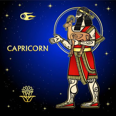 Çizgi film renkli illüstrasyon: Zodiac işareti Oğlak burcu. Sümer mitolojisinin bir karakteri. Tam gelişim. Arkaplan - gece yıldızları gökyüzü. Vektör illüstrasyonu