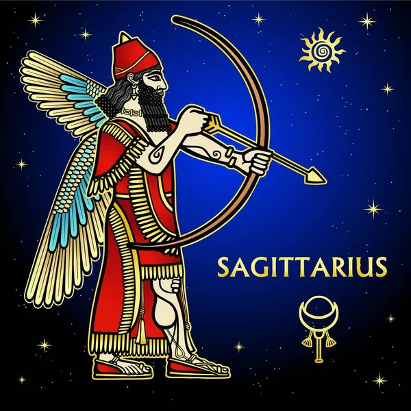 Çizgi film renkli illüstrasyon: Zodiac işareti Yay burcu. Sümer mitolojisinin bir karakteri. Tam gelişim. Arkaplan - gece yıldızları gökyüzü. Vektör illüstrasyonu
