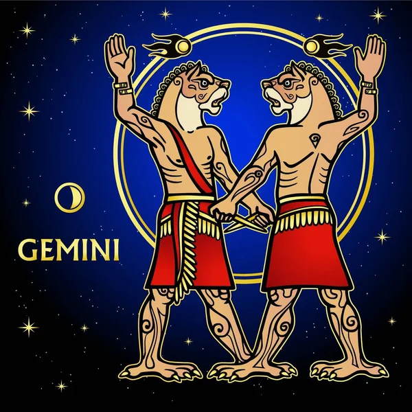 Desenhos Animados Ilustração Cores Signo Zodíaco Gêmeos Caráter Mitologia Suméria —  Vetores de Stock