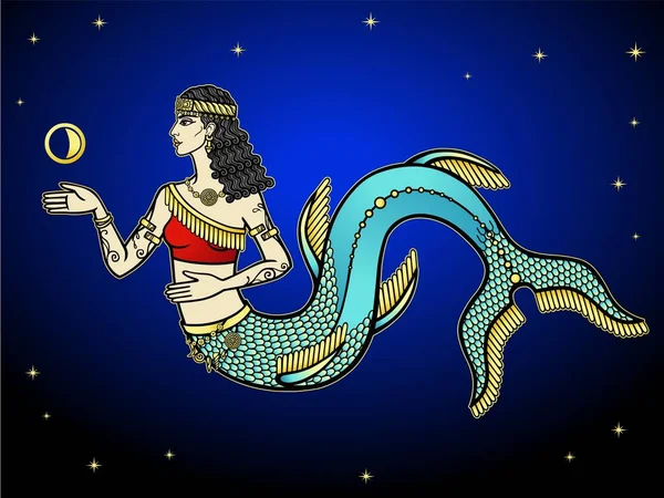漫画の色絵 美しい女性は 古代の神秘的な人魚 イシュタル アスタータ イナンナ プロフィール表示 ベクトルイラスト 暗い空 — ストックベクタ