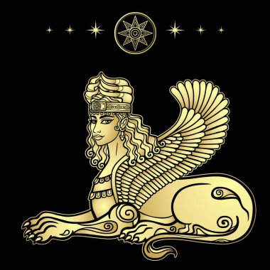 Animasyon çizimi: Aslan vücudu ve kanatları olan sfenks kadın, Asur mitolojisinde bir karakter. İştar, Astarta, Inanna. Sümer sembolleri. Siyah arkaplanda izole edilmiş vektör altın çizimi.
