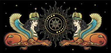Animasyon rengi çizimi: sihirli kanatlı dişi aslan. İştar, Astarta, Inanna. Asurlu mitolojisinde karakter. Kutsal yıldız Sirius. Siyah arkaplanda izole edilmiş vektör illüstrasyonu. 